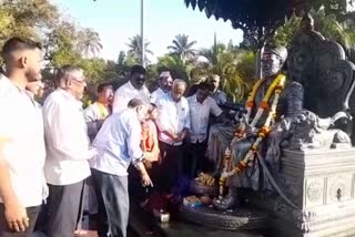 MES Workers Garlanded Shivaji statue