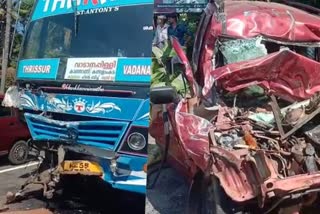 car and bus collide  four died in thrissur  critical condition  bus accident in thrissur  tarakan bus accident  latest accident news in thrissur  latest news in thrissur  breaking news  latest news today  ബസും കാറും കൂട്ടിയിടിച്ച് അപകടം  നാല് പേര്‍ മരിച്ചു  തൃശൂർ വാഹനാപകടം  അമിത വേഗതയിലെത്തിയ കാർ  തരകൻ ബസ്  തൃശൂരില്‍ വാഹനാപകടം  തൃശൂർ ഏറ്റവും പുതിയ വാര്‍ത്ത  ഇന്നത്തെ പ്രധാന വാര്‍ത്ത