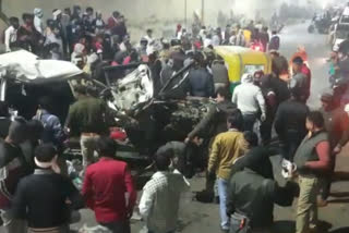 The mangled remains of the vehicle near Hathras in UP