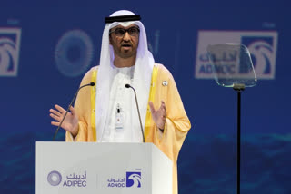 The Emirati Minister of State and the CEO of Abu Dhabi's state-run Abu Dhabi National Oil Co. Sultan Ahmed al-Jaber talks at the Abu Dhabi International Petroleum Exhibition & Conference in Abu Dhabi, United Arab Emirates, Oct. 31, 2022. (AP Photo/Kamran Jebreili, File)