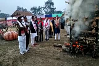 Ranoj Pegu lit fire in the Meji and wished people of Assam for Bhogali Bihu