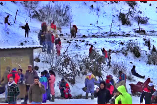 Snowfall In Shimla Tourists enjoying snowfall in Kufri
