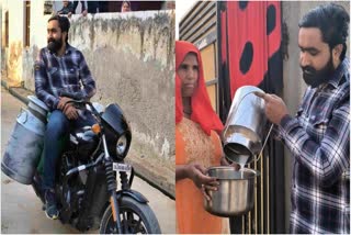 man selling milk on harley davidson bike