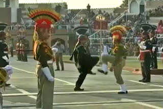 Beating retreat ceremony is underway at the Attari-Wagah border in Punjab's Amritsar.