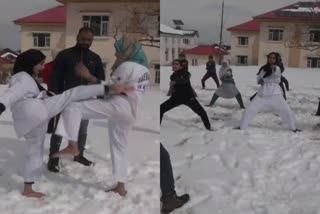 jammu kashmir Young girls of Budgam practice Martial Arts in snow