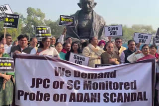 Opposition parties staged a demonstration on Monday outside the Parliament House to demand a probe by a Joint Parliamentary Committee (JPC) into the allegations of fraud and stock manipulation against the Adani Group