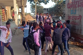 teacher dancing with students in singrauli