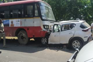 A head on collision between a car and a KSRTC bus