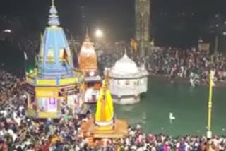 Devotees taking a holy dip at Har Ki Paur on Monday
