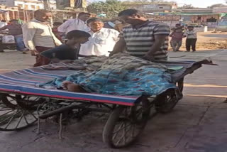 Husband carried sick wife on handcart