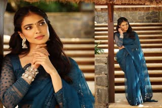 Malavika Mohanan dark sea blue saree