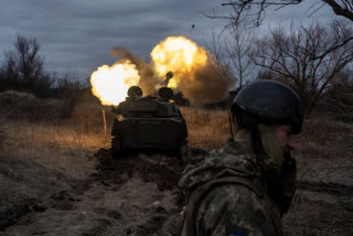 A Ukrainian self-propelled artillery vehicle fires on the frontline, Donetsk region