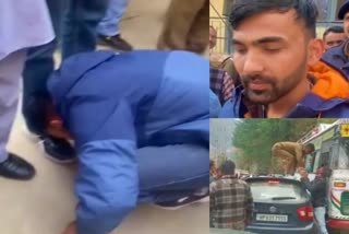 HRTC driver apologized by rubbing his nose  HRTC bus driver seeks apologies by rubbing nose  HRTC bus driver made to apologise by rubbing nose  Viral video of Himachal RTC driver  Rubs nose on feet  എച്ച്ആർടിസി  HRTC driver made to rub nose  മൂക്കുകൊണ്ട് ക്ഷമാപണം നടത്തിച്ച് ആള്‍ക്കൂട്ടം