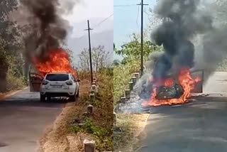fire car escape family  Car Catches fire in Kasargod  ഓടിക്കൊണ്ടിരുന്ന കാറിന് തീപിടിച്ചു  accident  car fire  അപകടം  കാർ അപകടം