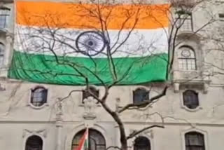 Huge Tricolour adorns Indian High Commission building