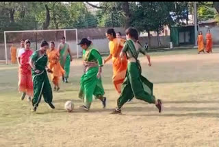 Women in saree play football in style