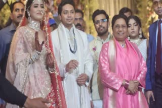 bsp-chief-mayawati-reached-in-nephew-akash-anand-wedding-wearing-her-favorite-pink-dress