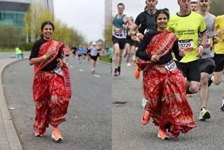 woman runs a full of marathon in sambalpuri saree