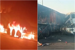 2 trailers collide rajasthan  trailers collided caught fire  Barmer fire accident  death after trailers collided barmer  national news  rajasthan news  ട്രെയിലറുകൾ കൂട്ടിയിടിച്ച് അപകടം  ട്രെയിലറുകൾ കൂട്ടിയിടിച്ച് തീപടർന്നു  വാഹനാപകടം  ബാർമറിൽ ട്രെയിലറുകൾ കൂട്ടിയിടിച്ചു  ട്രെയിലറുകൾ  fire