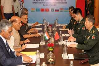 Defence Minister Rajnath Sigh holds meet with his Chinese counterpart Li Shangfu in New Delhi on Thursday.