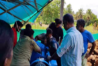 mans hand is caught in a machine  attappadi accident  attappadi palakkad news  അട്ടപ്പാടി  അട്ടപ്പാടി പാലക്കാട് വാർത്തകൾ  തേങ്ങ പൊതിക്കുന്ന മെഷിനിൽ കൈ കുടുങ്ങി  മെഷിനിൽ കൈ കുടുങ്ങി  മലപ്പുറം മഞ്ചേരി