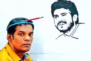 drawing artist Selvam drew a portrait of actor Ajith with his head without using his hands To wish on his birthday