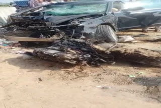 The mangled remains of the car on a Jaipur road on Tuesday