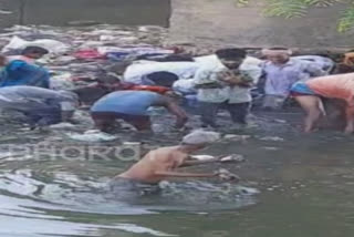 People taking out currencies from a drain in Rohtas (Bihar)