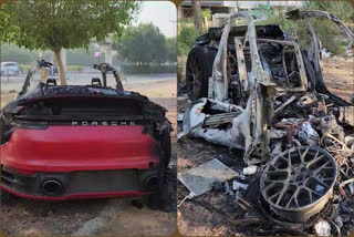 Haryana: Speeding luxury car burns to ashes after colliding with tree in Gurugram