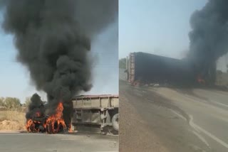 Trailer overturned and caught Fire