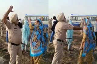 PUNJAB POLICEMAN SLAP TO PROTESTOR WOMEN  വയോധികയുടെ മുഖത്തടിച്ച് പഞ്ചാബ് പൊലീസ്  ദേശീയ പാതയ്‌ക്ക് സ്ഥലം ഏറ്റെടുക്കുന്നതിനെതിരെ  കിസാൻ മസ്‌ദൂർ സംഘർഷ് നേതാവ് ഹർവീന്ദർ സിംഗ്  Farmers organizations have stopped the work