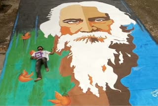 Etv BharatCollege student from Bengals Birbhum enters India Book of Records by drawing largest Tagore picture