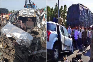 Six people died in Andhra road accident  Andhra road accident  Road accident in Karnataka  ಮಗು ಸೇರಿ ಆರು ಜನ ಸಾವು  ಮದುವೆಗೆ ತೆರಳಿ ವಾಪಾಸ್ಸಾಗುತ್ತಿದ್ದ ವೇಳೆ ಭೀಕರ ಅಪಘಾತ  ಮಗು ಸೇರಿ ಆರು ಜನ ಸಾವು  ಭೀಕರ ರಸ್ತೆ ಅಪಘಾತ  ನಿಂತಿದ್ದ ಲಾರಿಗೆ ಕಾರೊಂದು ಡಿಕ್ಕಿ  ಮದುವೆಯಲ್ಲಿ ಭಾಗವಹಿಸಿ ತಮ್ಮ ಊರಿಗೆ ಮರಳುತ್ತಿದ್ದ  ಯಾಣಿಸುತ್ತಿದ್ದ ಕಾರು ನಿಯಂತ್ರಣ ತಪ್ಪಿ  ಗಾಯಾಳುಗಳನ್ನು ರಾಜಮಹೇಂದ್ರವರಂ ಆಸ್ಪತ್ರೆ