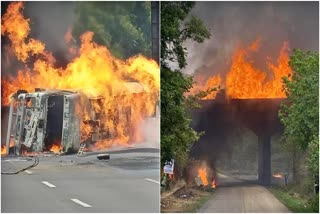 oil tanker fire  Mumbai Pune express highway accident  several deaths after oil tanker fire  ಎಕ್ಸ್​ಪ್ರೆಸ್​ವೇಯಲ್ಲಿ ಭೀಕರ ರಸ್ತೆ ಅಪಘಾತ  ಹೊತ್ತಿ ಉರಿಯುತ್ತಿರುವ ಆಯಿಲ್​ ಟ್ಯಾಂಕರ್  ಎಕ್ಸ್‌ಪ್ರೆಸ್ ಹೆದ್ದಾರಿಯಲ್ಲಿ ಭೀಕರ ರಸ್ತೆ ಅಪಘಾತ  ಸಾವು ನೋವುಗಳು ಸಂಭವಿಸಿರುವುದಾಗಿ ವರದಿ  ಮೇಲ್ಸೇತುವೆಯಲ್ಲಿ ತೈಲ ಟ್ಯಾಂಕರ್ ಅಪಘಾತ  ಬೆಂಕಿ ಹೊತ್ತಿಕೊಂಡ ಘಟನೆ ಬೆಳಕಿಗೆ  ಸೇತುವೆಯ ಕೆಳಗೆ ಭಾಗದಲ್ಲೂ ಅಪಘಾತ