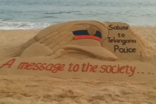 haling hyd police encounter international sand artist sudarshan pattnak created a sand scrupulture to congratulate them