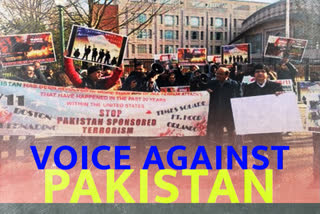 Protests outside Pak embassy in Washington against Islamabad sponsored terrorism, on Sunday.