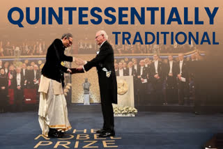 Indian American economist Abhijit Banerjee and his French-American wife Esther Duflo receiving Nobel Prize 2019 in Economics from Sweden's King Carl Gustaf at the Stockholm Concert Hall, on Tuesday.