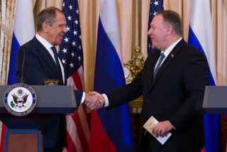 Secretary of State Mike Pompeo, right, shake hands with Russian Foreign Minister Sergey Lavrov after a media availability at the State Department, on Tuesday.