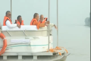 pm boat riding in river ganga as he attended a review meeting on clean ganga