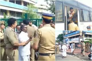 kollam harthal  159 arrest  five buses damaged  കൊല്ലം ഹർത്താൽ  കൊല്ലം റെയിൽവെ സ്റ്റേഷൻ മാർച്ച്  കൊല്ലം ജില്ലാ കോണ്‍ഗ്രസ് കമ്മിറ്റി  ഹര്‍ത്താല്‍ ദേശീയപാത ഉപരോധം