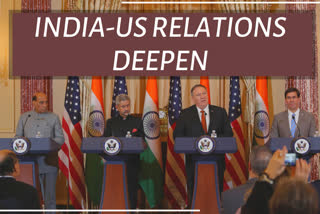 U.S. Secretary of State Mike Pompeo (2nd R, Rear), U.S. Secretary of Defense Mark Esper (1st R, Rear), visiting Indian External Affairs Minister Subrahmanyam Jaishankar (2nd L, Rear), and Indian Defense Minister Rajnath Singh (1st L, Rear) attend a press conference in Washington D.C., the United States