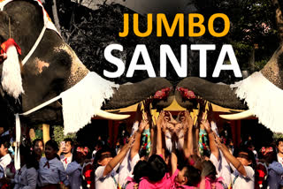 Elephants dressed in Santa Claus costumes celebrating Christmas with students at the Jirasartwitthaya school in Ayutthaya, on Monday.