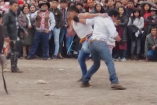 Andean city of Cusco in peru country a traditional festival known as the Tacanacuy celebrated by 'Two People Hitting Each Other'.