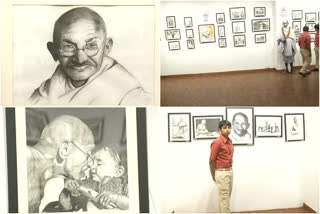 gandhi pencil sketch exibition at delhi by vizag prakash school