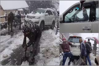 MLA Anil Sharma's car stuck in snowfall