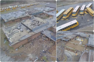 TORNADO Damaged structures and debris around athletic fields