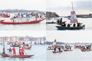 Demonstraters in Venice gathered in gondolas  protest against pollution and the use of motor boats