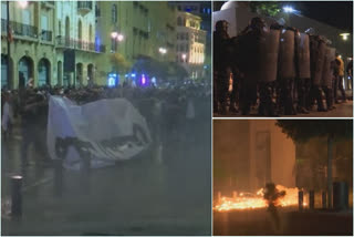 Police continued to use water cannon and tear gas to contain protesters throwing rocks during anti-government demonstrations in Beirut on Wednesday.