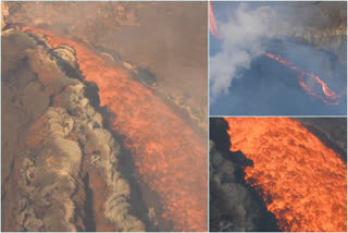 Hikers looking at lava coming from crater in Mount Etna