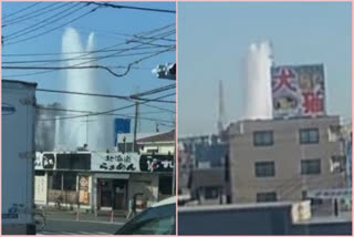 Large amounts of water gushed into the air from a burst water main at an intersection in Yokohama on Saturday.